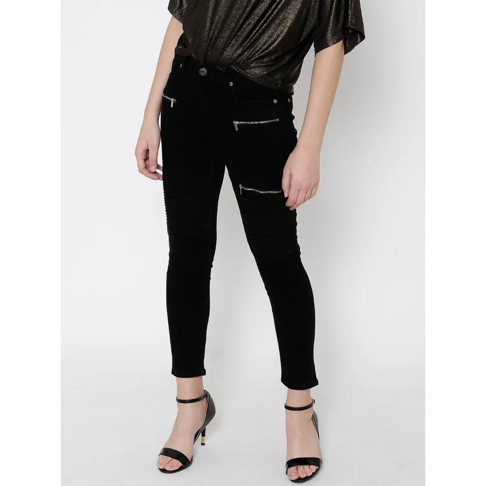 MNG | Faded Black Wash Zipper Details Relaxed Slim Moto Biker Jeans - Picture 1 of 14